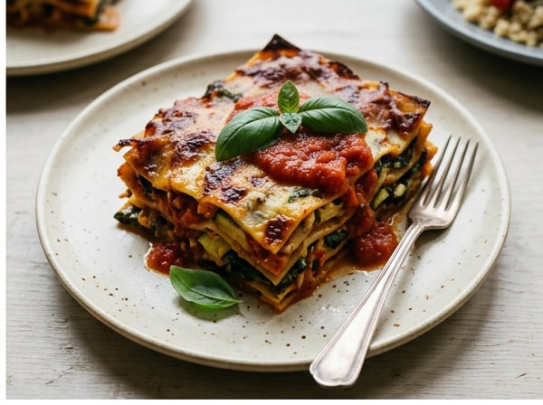 Lasaña vegetal con tomate y albahaca